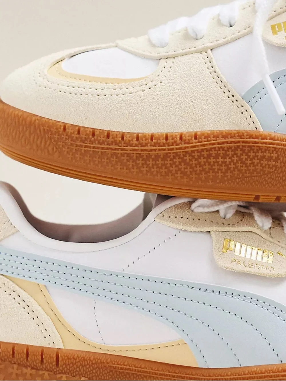 Puma Palermo moda White Sneakers with Light Blue Stripe and Tan Suede Accents